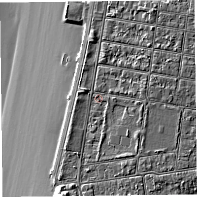 Shaded relief map of the ground around BS234AZ, computed from Environment Agency LiDAR. The ground here sits at about 8 m above sea level and falls 11 m across the surrounding 800 m. Surface water reaching this point runs off ground lying to the north-east, 1.8 m higher.
