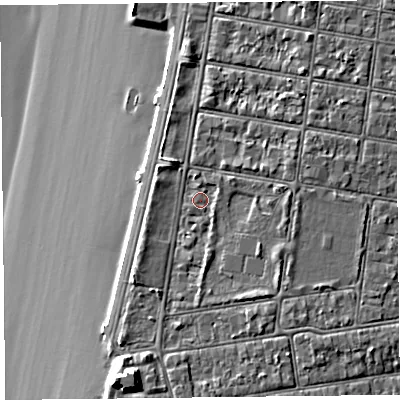 Shaded relief map of the ground around BS234BE, computed from Environment Agency LiDAR. The ground here sits at about 8 m above sea level and falls 11 m across the surrounding 800 m. Surface water reaching this point runs off ground lying to the south-south-west, 4.2 m higher.