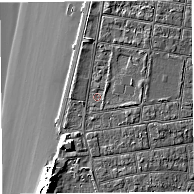 Shaded relief map of the ground around BS234BG, computed from Environment Agency LiDAR. The ground here sits at about 8 m above sea level and falls 18 m across the surrounding 800 m. Surface water reaching this point runs off ground lying to the north-east, 1.1 m higher.