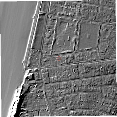 Shaded relief map of the ground around BS234BN, computed from Environment Agency LiDAR. The ground here sits at about 9 m above sea level and falls 17 m across the surrounding 800 m. Surface water reaching this point runs off ground lying to the east-south-east, 1.4 m higher.