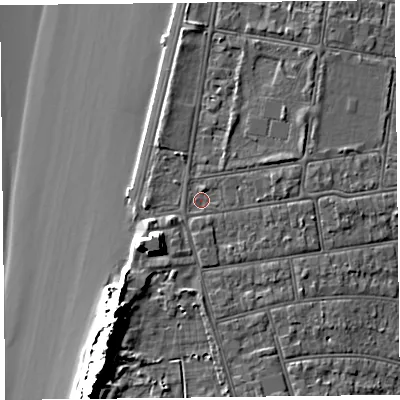 Shaded relief map of the ground around BS234BQ, computed from Environment Agency LiDAR. The ground here sits at about 8 m above sea level and falls 18 m across the surrounding 800 m. Surface water reaching this point runs off ground lying to the south-west, 4.1 m higher.