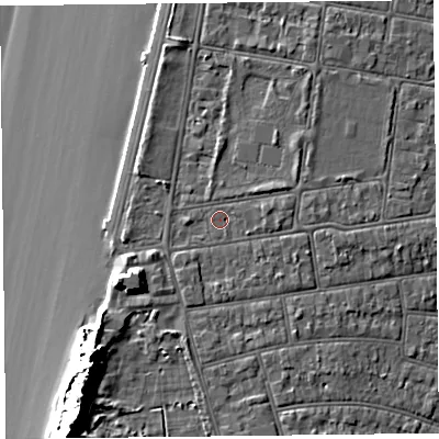 Shaded relief map of the ground around BS234BU, computed from Environment Agency LiDAR. The ground here sits at about 8 m above sea level and falls 18 m across the surrounding 800 m. Surface water reaching this point runs off ground lying to the east, 1.4 m higher.