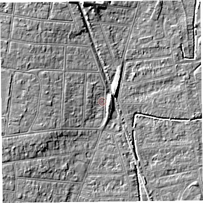 Shaded relief map of the ground around BS234DB, computed from Environment Agency LiDAR. The ground here sits at about 6 m above sea level and falls 8 m across the surrounding 800 m. Surface water reaching this point runs off ground lying to the north-west, 4.1 m higher.