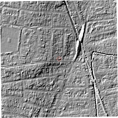 Shaded relief map of the ground around BS234DD, computed from Environment Agency LiDAR. The ground here sits at about 7 m above sea level and falls 8 m across the surrounding 800 m. Surface water reaching this point runs off ground lying to the west, 3.4 m higher.