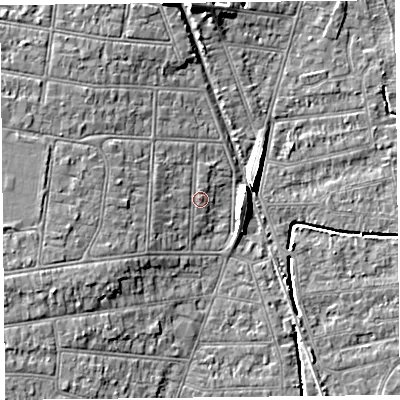 Shaded relief map of the ground around BS234DE, computed from Environment Agency LiDAR. The ground here sits at about 7 m above sea level and falls 8 m across the surrounding 800 m. Surface water reaching this point runs off ground lying to the west-north-west, 3.1 m higher.