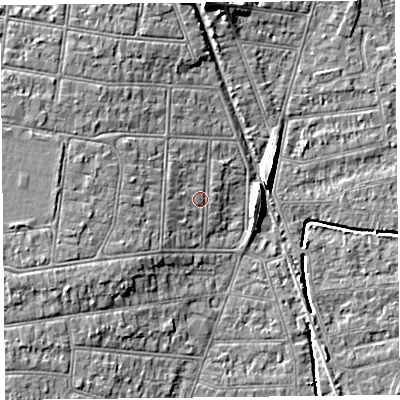 Shaded relief map of the ground around BS234DF, computed from Environment Agency LiDAR. The ground here sits at about 7 m above sea level and falls 8 m across the surrounding 800 m. Surface water reaching this point runs off ground lying to the west, 3.1 m higher.