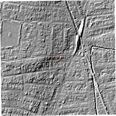 Shaded relief map of the ground around BS234DP, computed from Environment Agency LiDAR. The ground here sits at about 7 m above sea level and falls 8 m across the surrounding 800 m. Surface water reaching this point runs off ground lying to the west, 3.2 m higher.