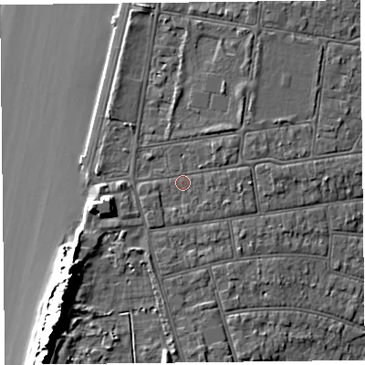 Shaded relief map of the ground around BS234DT, computed from Environment Agency LiDAR. The ground here sits at about 9 m above sea level and falls 17 m across the surrounding 800 m. Surface water reaching this point runs off ground lying to the east-north-east, 1.0 m higher.