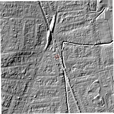 Shaded relief map of the ground around BS234DX, computed from Environment Agency LiDAR. The ground here sits at about 6 m above sea level and falls 8 m across the surrounding 800 m. Surface water reaching this point runs off ground lying to the east-south-east, 0.7 m higher.