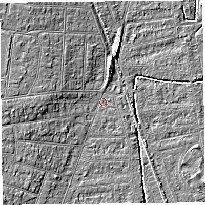 Shaded relief map of the ground around BS234EA, computed from Environment Agency LiDAR. The ground here sits at about 5 m above sea level and falls 8 m across the surrounding 800 m. Surface water reaching this point runs off ground lying to the west, 4.7 m higher.
