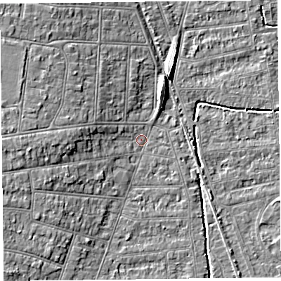 Shaded relief map of the ground around BS234EB, computed from Environment Agency LiDAR. The ground here sits at about 5 m above sea level and falls 8 m across the surrounding 800 m. Surface water reaching this point runs off ground lying to the west, 4.7 m higher.