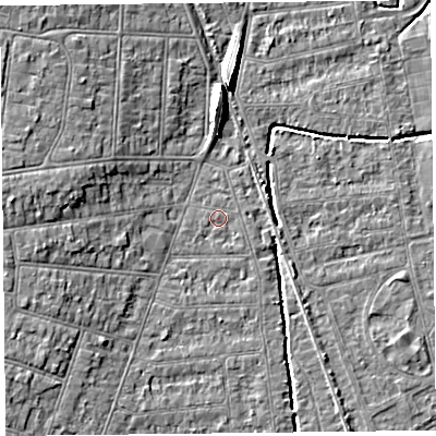 Shaded relief map of the ground around BS234ED, computed from Environment Agency LiDAR. The ground here sits at about 6 m above sea level and falls 8 m across the surrounding 800 m. The ground contributing surface water to this point lies to the west-south-west.