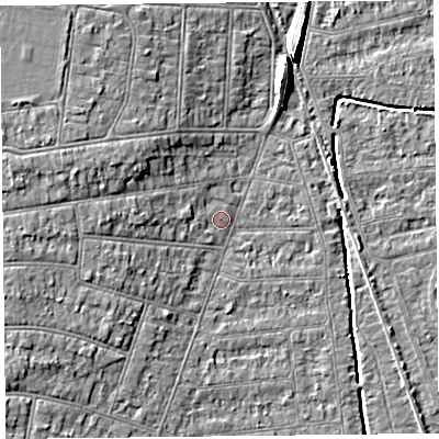 Shaded relief map of the ground around BS234EF, computed from Environment Agency LiDAR. The ground here sits at about 6 m above sea level and falls 8 m across the surrounding 800 m. Surface water reaching this point runs off ground lying to the west, 3.6 m higher.