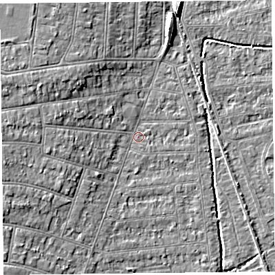Shaded relief map of the ground around BS234EG, computed from Environment Agency LiDAR. The ground here sits at about 5 m above sea level and falls 8 m across the surrounding 800 m. Surface water reaching this point runs off ground lying to the west-south-west, 4.0 m higher.