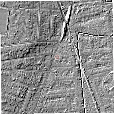 Shaded relief map of the ground around BS234EH, computed from Environment Agency LiDAR. The ground here sits at about 5 m above sea level and falls 8 m across the surrounding 800 m. Surface water reaching this point runs off ground lying to the west, 4.7 m higher.
