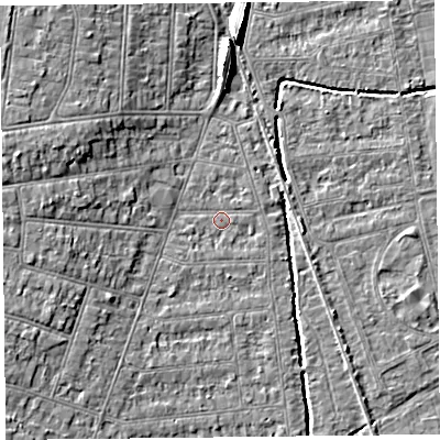 Shaded relief map of the ground around BS234EJ, computed from Environment Agency LiDAR. The ground here sits at about 5 m above sea level and falls 8 m across the surrounding 800 m. Surface water reaching this point runs off ground lying to the west-south-west, 0.7 m higher.