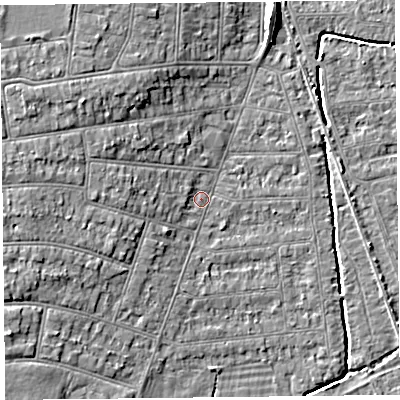 Shaded relief map of the ground around BS234EL, computed from Environment Agency LiDAR. The ground here sits at about 6 m above sea level and falls 8 m across the surrounding 800 m. Surface water reaching this point runs off ground lying to the south-west, 4.1 m higher.