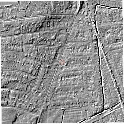 Shaded relief map of the ground around BS234EQ, computed from Environment Agency LiDAR. The ground here sits at about 6 m above sea level and falls 7 m across the surrounding 800 m. Surface water reaching this point runs off ground lying to the west, 3.7 m higher.