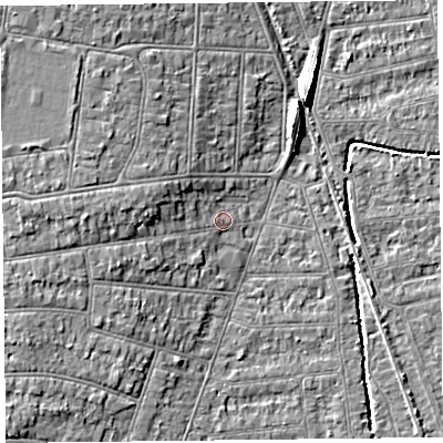 Shaded relief map of the ground around BS234HY, computed from Environment Agency LiDAR. The ground here sits at about 6 m above sea level and falls 8 m across the surrounding 800 m. Surface water reaching this point runs off ground lying to the west, 4.0 m higher.