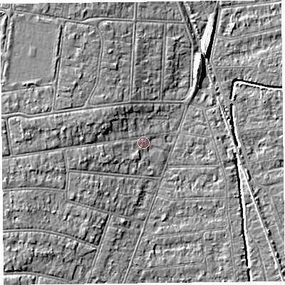 Shaded relief map of the ground around BS234HZ, computed from Environment Agency LiDAR. The ground here sits at about 6 m above sea level and falls 8 m across the surrounding 800 m. Surface water reaching this point runs off ground lying to the west, 3.5 m higher.