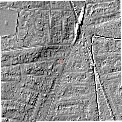 Shaded relief map of the ground around BS234JA, computed from Environment Agency LiDAR. The ground here sits at about 6 m above sea level and falls 8 m across the surrounding 800 m. Surface water reaching this point runs off ground lying to the west, 4.4 m higher.