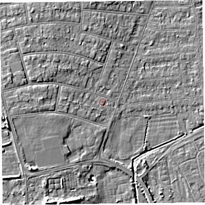 Shaded relief map of the ground around BS234JG, computed from Environment Agency LiDAR. The ground here sits at about 7 m above sea level and falls 13 m across the surrounding 800 m. Surface water reaching this point runs off ground lying to the west, 3.1 m higher.