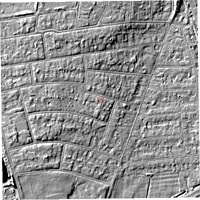 Shaded relief map of the ground around BS234JP, computed from Environment Agency LiDAR. The ground here sits at about 8 m above sea level and falls 9 m across the surrounding 800 m. Surface water reaching this point runs off ground lying to the west-north-west, 2.1 m higher.
