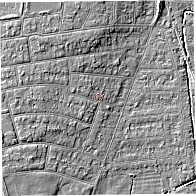 Shaded relief map of the ground around BS234JR, computed from Environment Agency LiDAR. The ground here sits at about 7 m above sea level and falls 7 m across the surrounding 800 m. Surface water reaching this point runs off ground lying to the west-north-west, 2.8 m higher.