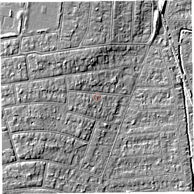 Shaded relief map of the ground around BS234JY, computed from Environment Agency LiDAR. The ground here sits at about 7 m above sea level and falls 8 m across the surrounding 800 m. Surface water reaching this point runs off ground lying to the west-north-west, 2.2 m higher.