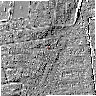 Shaded relief map of the ground around BS234JZ, computed from Environment Agency LiDAR. The ground here sits at about 7 m above sea level and falls 8 m across the surrounding 800 m. Surface water reaching this point runs off ground lying to the west, 2.3 m higher.