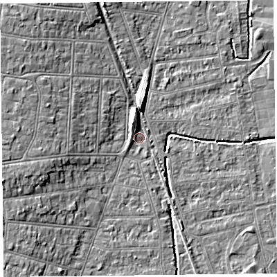 Shaded relief map of the ground around BS234LG, computed from Environment Agency LiDAR. The ground here sits at about 5 m above sea level and falls 8 m across the surrounding 800 m. Surface water reaching this point runs off ground lying to the north, 6.4 m higher.