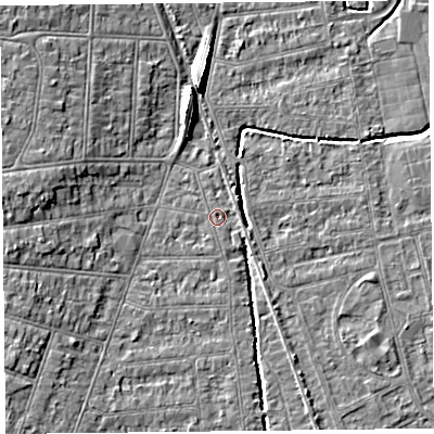 Shaded relief map of the ground around BS234LH, computed from Environment Agency LiDAR. The ground here sits at about 5 m above sea level and falls 8 m across the surrounding 800 m. Surface water reaching this point runs off ground lying to the east-north-east, 0.7 m higher.