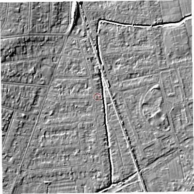 Shaded relief map of the ground around BS234LJ, computed from Environment Agency LiDAR. The ground here sits at about 5 m above sea level and falls 8 m across the surrounding 800 m. Surface water reaching this point runs off ground lying to the west-south-west, 2.4 m higher.