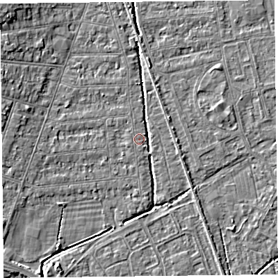 Shaded relief map of the ground around BS234LN, computed from Environment Agency LiDAR. The ground here sits at about 5 m above sea level and falls 5 m across the surrounding 800 m. Surface water reaching this point runs off ground lying to the north-east, 2.0 m higher.