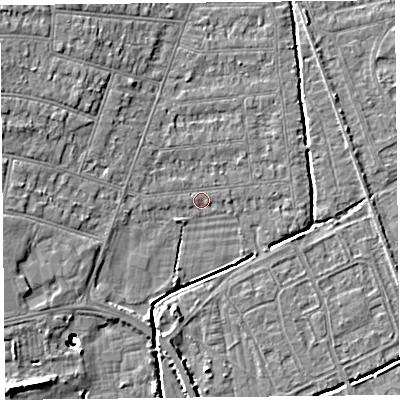 Shaded relief map of the ground around BS234LP, computed from Environment Agency LiDAR. The ground here sits at about 6 m above sea level and falls 11 m across the surrounding 800 m. Surface water reaching this point runs off ground lying to the west, 5.1 m higher.