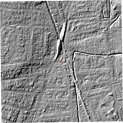 Shaded relief map of the ground around BS234LQ, computed from Environment Agency LiDAR. The ground here sits at about 5 m above sea level and falls 8 m across the surrounding 800 m. Surface water reaching this point runs off ground lying to the north, 7.0 m higher.
