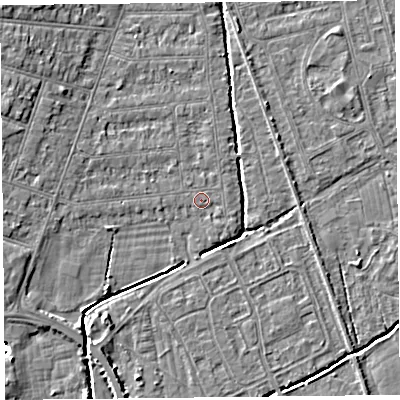 Shaded relief map of the ground around BS234LR, computed from Environment Agency LiDAR. The ground here sits at about 5 m above sea level and falls 9 m across the surrounding 800 m. Surface water reaching this point runs off ground lying to the west-south-west, 3.9 m higher.