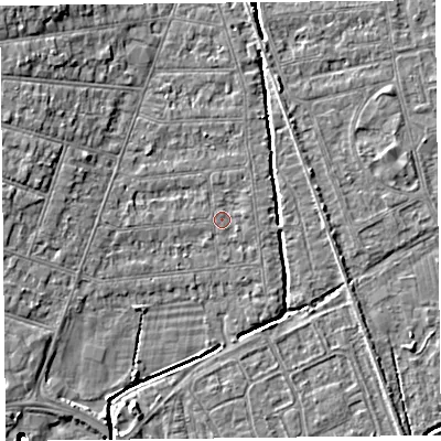 Shaded relief map of the ground around BS234LS, computed from Environment Agency LiDAR. The ground here sits at about 5 m above sea level and falls 9 m across the surrounding 800 m. Surface water reaching this point runs off ground lying to the west, 1.4 m higher.