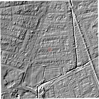 Shaded relief map of the ground around BS234LT, computed from Environment Agency LiDAR. The ground here sits at about 6 m above sea level and falls 9 m across the surrounding 800 m. Surface water reaching this point runs off ground lying to the west-south-west, 1.1 m higher.