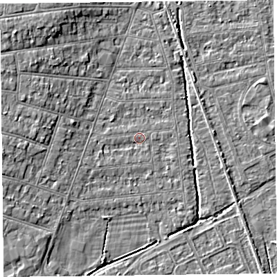Shaded relief map of the ground around BS234LU, computed from Environment Agency LiDAR. The ground here sits at about 6 m above sea level and falls 6 m across the surrounding 800 m. Surface water reaching this point runs off ground lying to the west-south-west, 1.3 m higher.