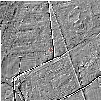 Shaded relief map of the ground around BS234LW, computed from Environment Agency LiDAR. The ground here sits at about 5 m above sea level and falls 5 m across the surrounding 800 m. Surface water reaching this point runs off ground lying to the south-west, 3.7 m higher.
