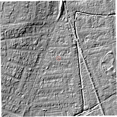 Shaded relief map of the ground around BS234LX, computed from Environment Agency LiDAR. The ground here sits at about 6 m above sea level and falls 8 m across the surrounding 800 m. Surface water reaching this point runs off ground lying to the east, 0.6 m higher.