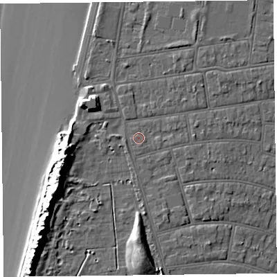 Shaded relief map of the ground around BS234NE, computed from Environment Agency LiDAR. The ground here sits at about 9 m above sea level and falls 17 m across the surrounding 800 m. Surface water reaching this point runs off ground lying to the south, 4.9 m higher.