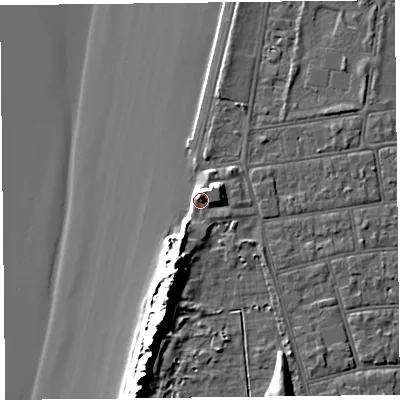 Shaded relief map of the ground around BS234NH, computed from Environment Agency LiDAR. The ground here sits at about 10 m above sea level and falls 18 m across the surrounding 800 m. Surface water reaching this point runs off ground lying to the north-north-east, 3.8 m higher.