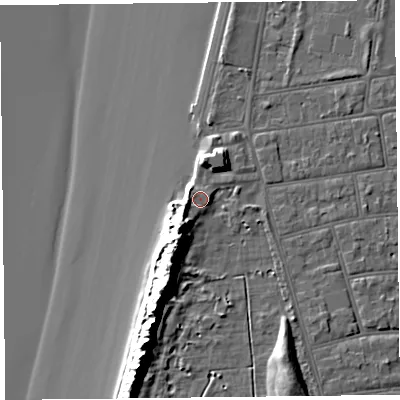 Shaded relief map of the ground around BS234NQ, computed from Environment Agency LiDAR. The ground here sits at about 10 m above sea level and falls 18 m across the surrounding 800 m. Surface water reaching this point runs off ground lying to the south-west, 9.0 m higher.