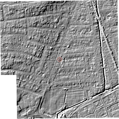 Shaded relief map of the ground around BS234NU, computed from Environment Agency LiDAR. The ground here sits at about 6 m above sea level and falls 6 m across the surrounding 800 m. Surface water reaching this point runs off ground lying to the west, 3.5 m higher.