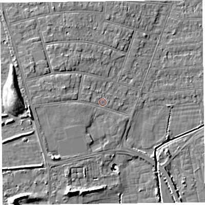 Shaded relief map of the ground around BS234NW, computed from Environment Agency LiDAR. The ground here sits at about 7 m above sea level and falls 14 m across the surrounding 800 m. Surface water reaching this point runs off ground lying to the west-north-west, 2.3 m higher.