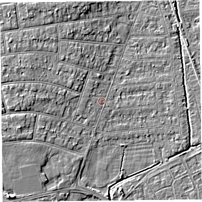 Shaded relief map of the ground around BS234NX, computed from Environment Agency LiDAR. The ground here sits at about 6 m above sea level and falls 7 m across the surrounding 800 m. Surface water reaching this point runs off ground lying to the west-south-west, 3.5 m higher.