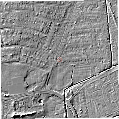 Shaded relief map of the ground around BS234NY, computed from Environment Agency LiDAR. The ground here sits at about 6 m above sea level and falls 12 m across the surrounding 800 m. Surface water reaching this point runs off ground lying to the west, 3.5 m higher.