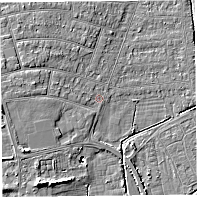 Shaded relief map of the ground around BS234NZ, computed from Environment Agency LiDAR. The ground here sits at about 6 m above sea level and falls 12 m across the surrounding 800 m. Surface water reaching this point runs off ground lying to the west, 3.3 m higher.
